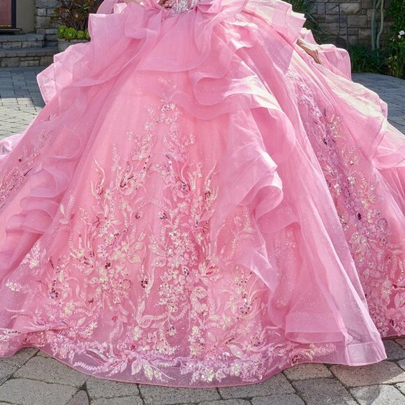New Pink Dazzling Rhinestones Embellished Ruffled Quinceanera Tulle Gown GL3804 - Picture 8 of 14